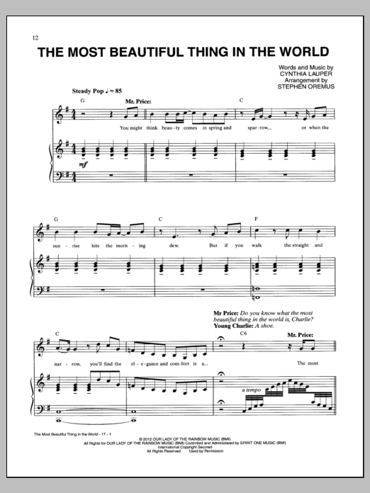 Cynthia Lauper The Most Beautiful Thing In The World Sheet Music Notes & Chords for Piano & Vocal - Download or Print PDF
