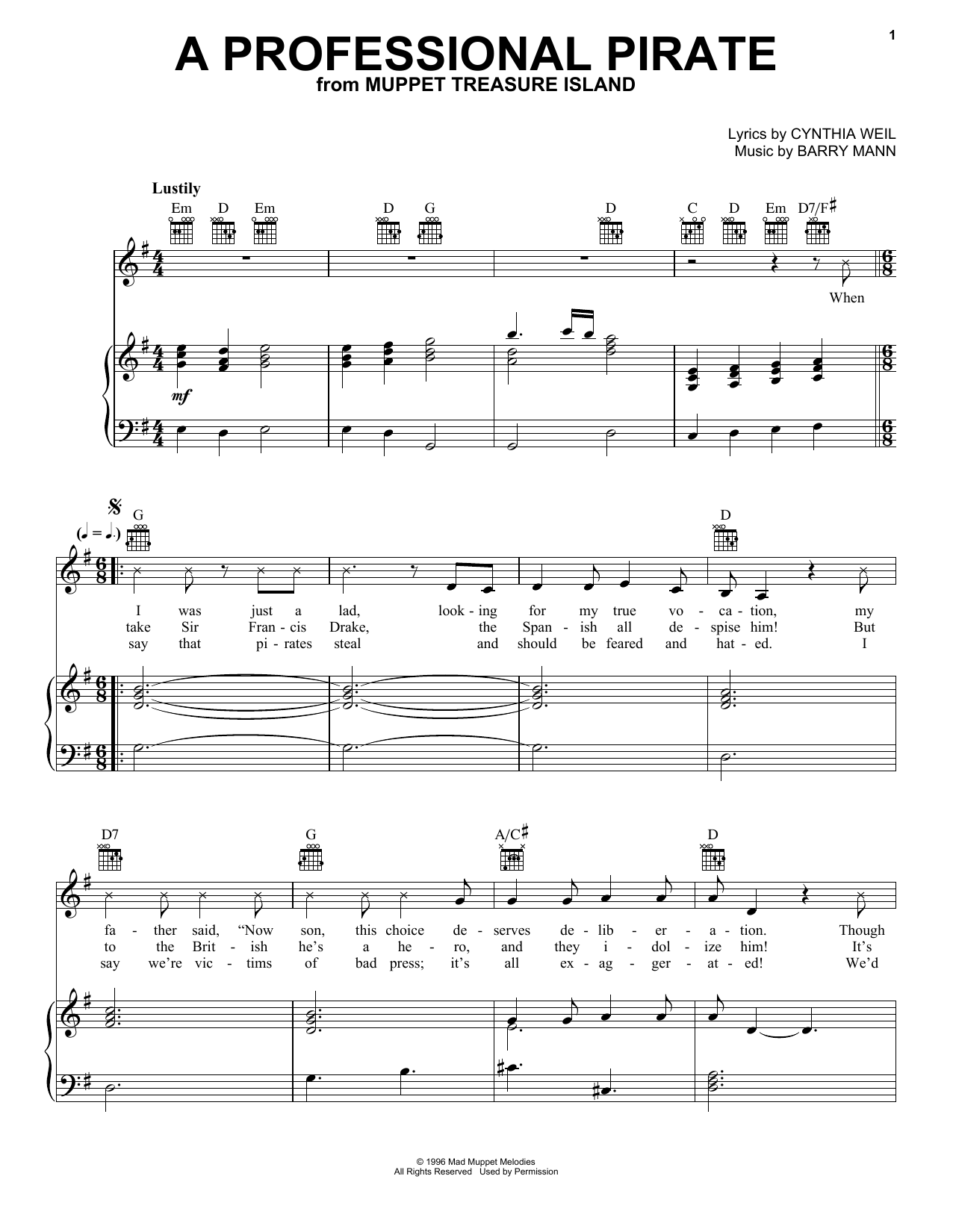 Cynthia Weil A Professional Pirate (from Muppet Treasure Island) Sheet Music Notes & Chords for Piano, Vocal & Guitar Chords (Right-Hand Melody) - Download or Print PDF