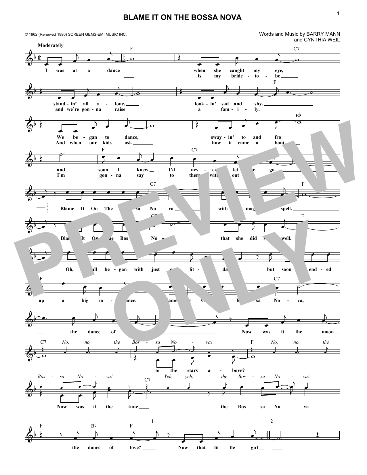 Cynthia Weil Blame It On The Bossa Nova Sheet Music Notes & Chords for Melody Line, Lyrics & Chords - Download or Print PDF