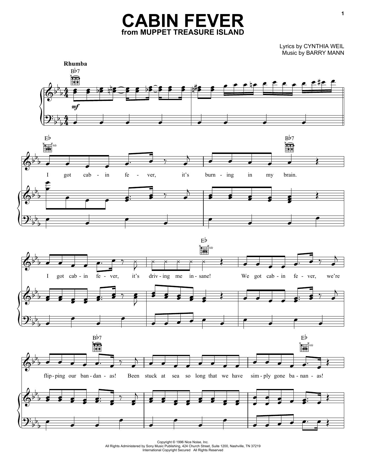 Cynthia Weil Cabin Fever (from Muppet Treasure Island) Sheet Music Notes & Chords for Piano, Vocal & Guitar Chords (Right-Hand Melody) - Download or Print PDF