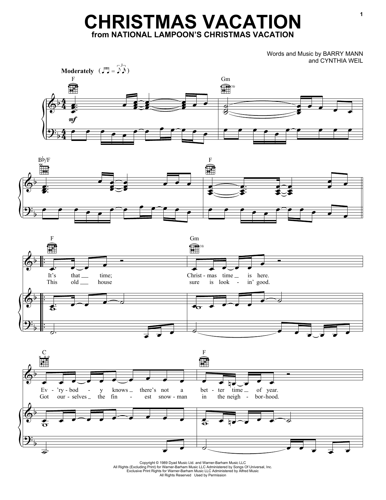 Cynthia Weil Christmas Vacation Sheet Music Notes & Chords for Piano, Vocal & Guitar (Right-Hand Melody) - Download or Print PDF