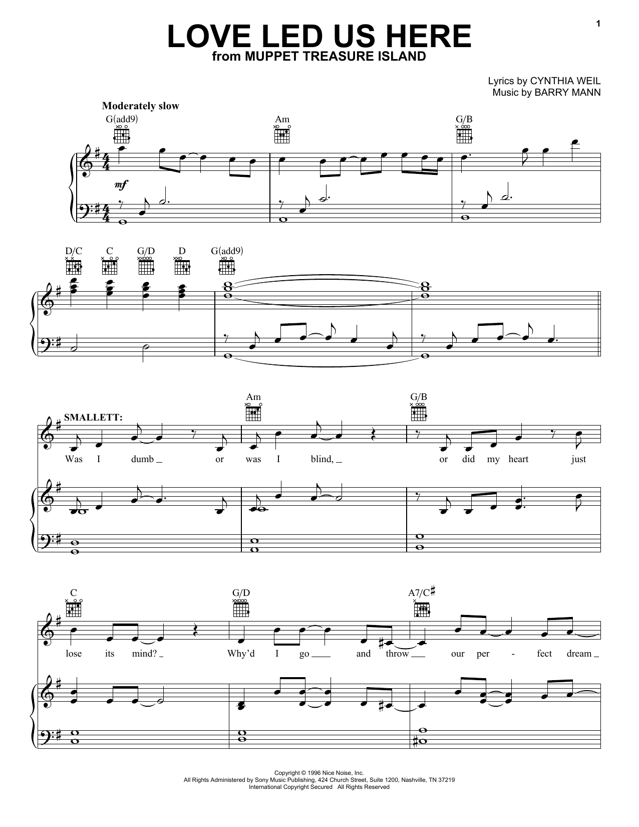 Cynthia Weil Love Led Us Here (from Muppet Treasure Island) Sheet Music Notes & Chords for Piano, Vocal & Guitar Chords (Right-Hand Melody) - Download or Print PDF