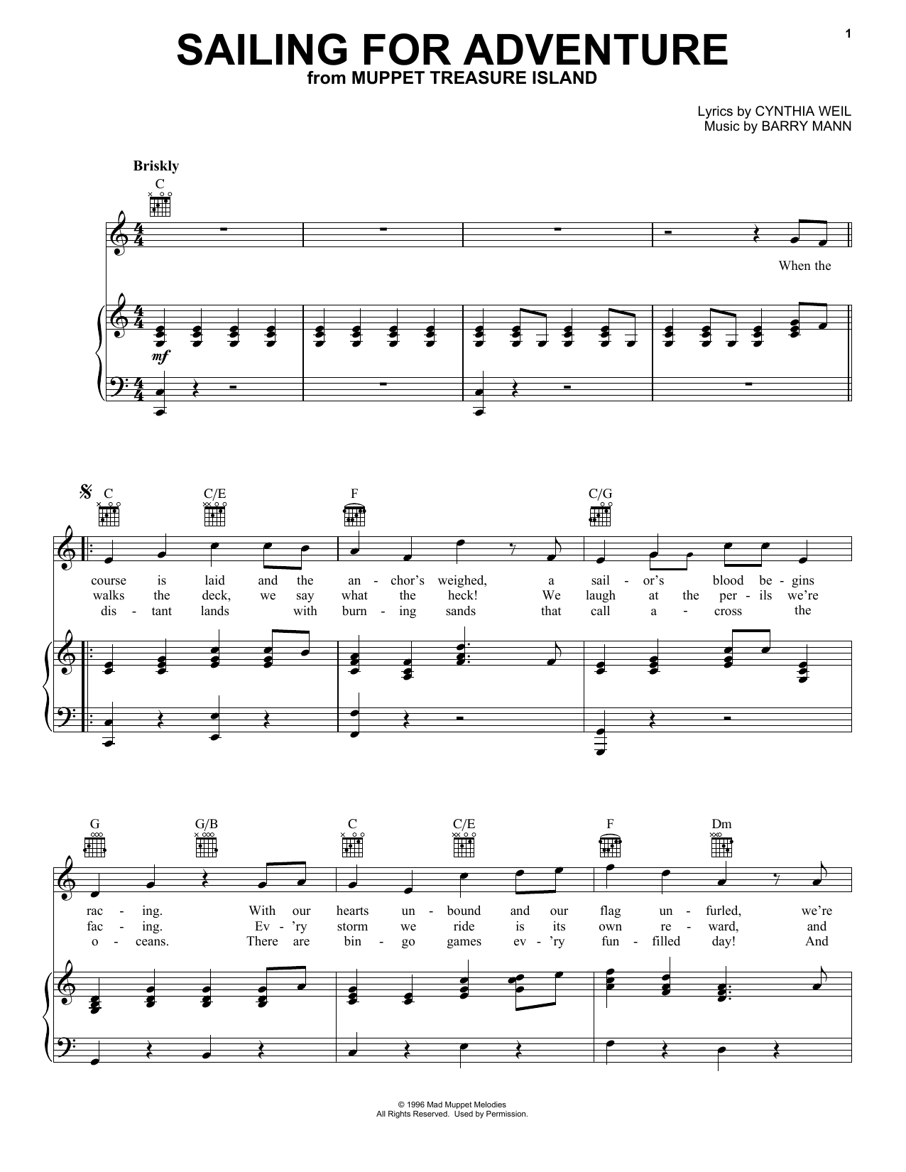 Cynthia Weil Sailing For Adventure (from Muppet Treasure Island) Sheet Music Notes & Chords for Piano, Vocal & Guitar Chords (Right-Hand Melody) - Download or Print PDF
