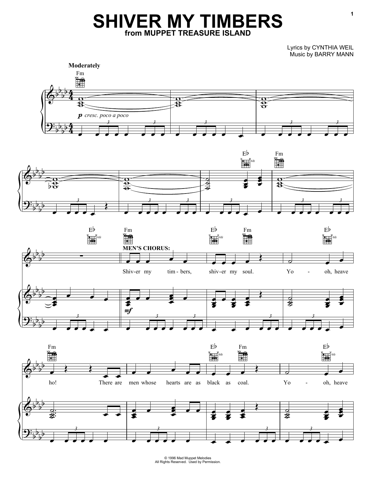 Cynthia Weil Shiver My Timbers (from Muppet Treasure Island) Sheet Music Notes & Chords for Piano, Vocal & Guitar Chords (Right-Hand Melody) - Download or Print PDF