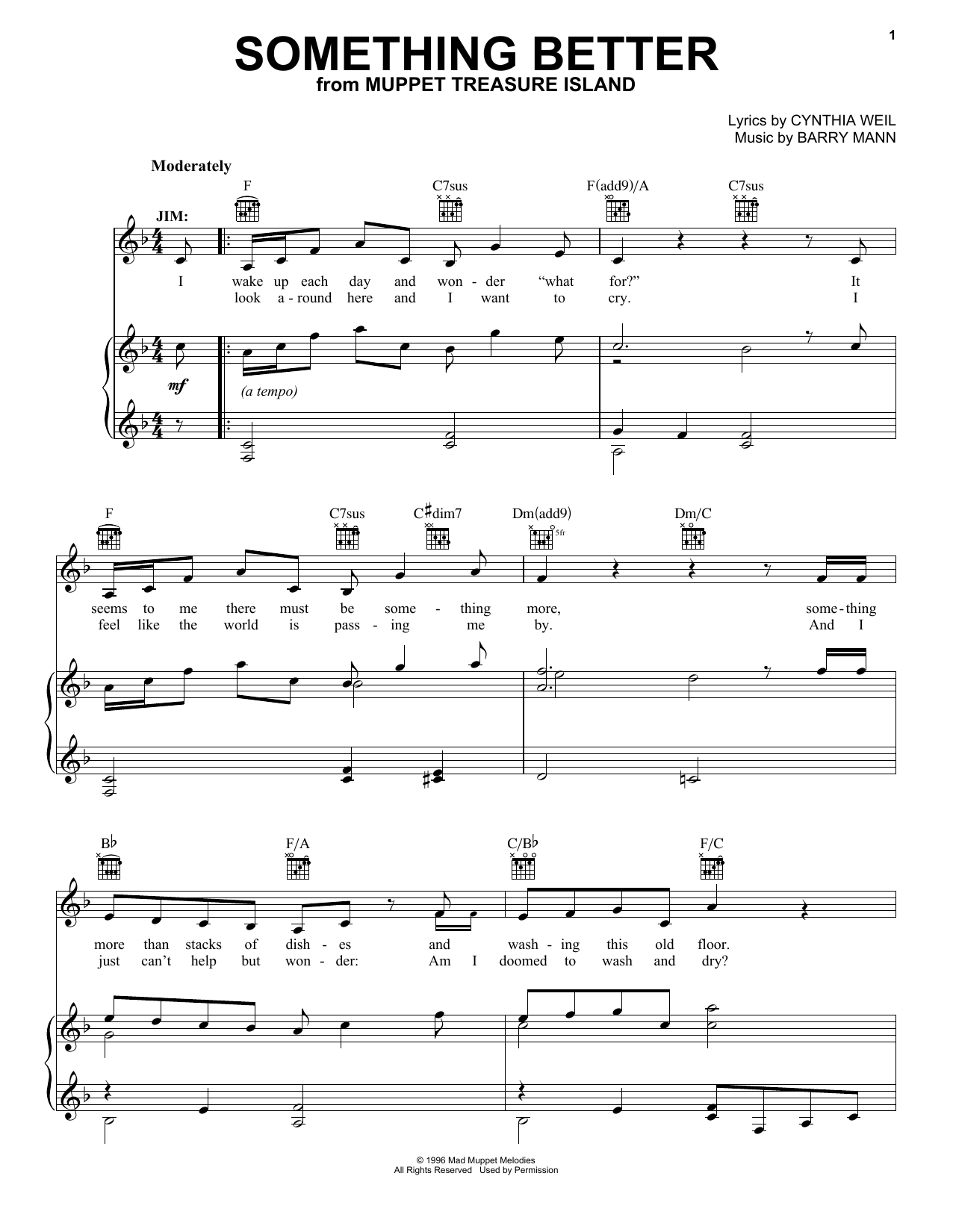 Cynthia Weil Something Better (from Muppet Treasure Island) Sheet Music Notes & Chords for Piano, Vocal & Guitar Chords (Right-Hand Melody) - Download or Print PDF