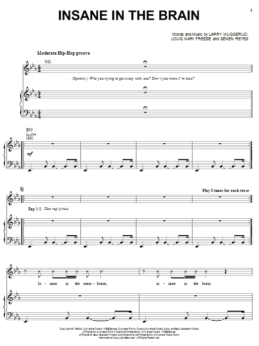 Cypress Hill Insane In The Brain Sheet Music Notes & Chords for Piano, Vocal & Guitar (Right-Hand Melody) - Download or Print PDF