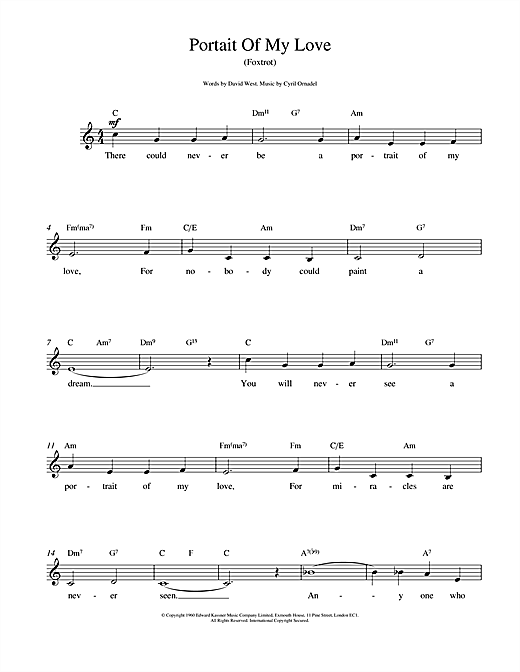Preview Cyril Ornadel Portrait Of My Love Pop sheet music, notes and chords for Melody Line, Lyrics & Chords, SKU: 14771 Portrait Of My Love sheet music