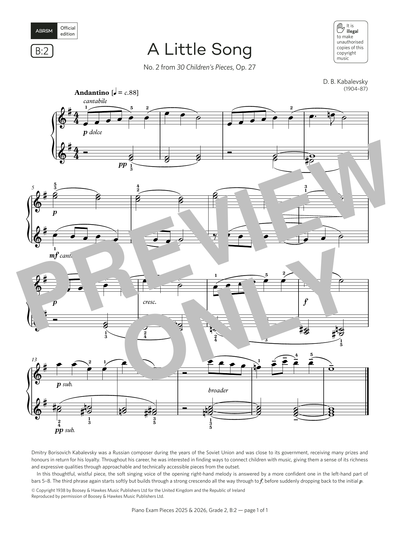 D. B. Kabalevsky A Little Song (Grade 2, list B2, from the ABRSM Piano Syllabus 2025 & 2026) Sheet Music Notes & Chords for Piano Solo - Download or Print PDF