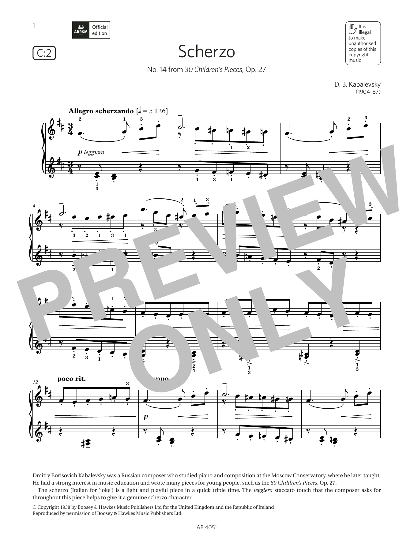 D B Kabalevsky Scherzo (Grade 5, list C2, from the ABRSM Piano Syllabus 2023 & 2024) Sheet Music Notes & Chords for Piano Solo - Download or Print PDF