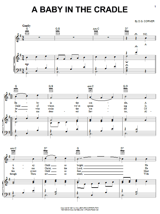 Preview D.G. Corner A Baby In The Cradle Christmas sheet music, notes and chords for Piano, Vocal & Guitar (Right-Hand Melody), SKU: 24482 sheet music, piano notes, chords, guitar tabs, score, transpose, transcribe, how to play, guide, download, learn, tutorial, progression, song, artist, awards, billboard, mtv, vh1, tour, single, album, release