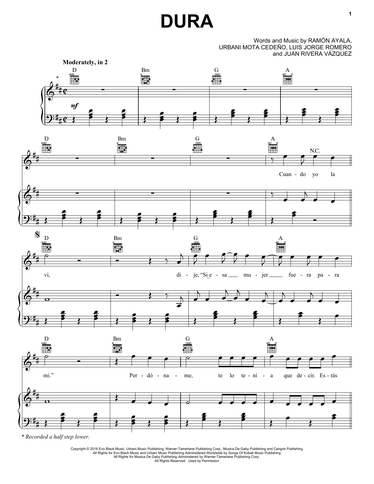 Daddy Yankee Dura Sheet Music Notes & Chords for Piano, Vocal & Guitar (Right-Hand Melody) - Download or Print PDF