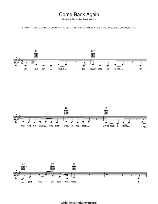 Preview Daddy Cool Come Back Again Rock sheet music, notes and chords for Piano, Vocal & Guitar (Right-Hand Melody), SKU: 185835 Come Back Again sheet music