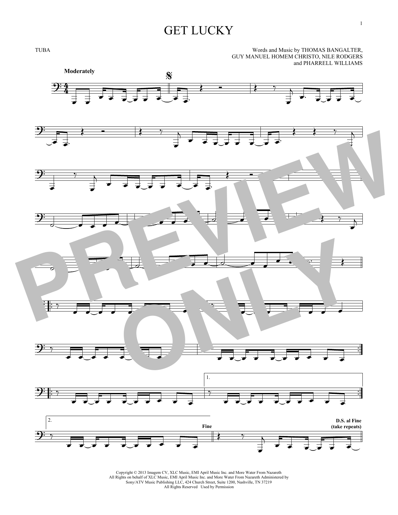 Daft Punk feat. Pharrell Williams Get Lucky Sheet Music Notes & Chords for Tuba Solo - Download or Print PDF