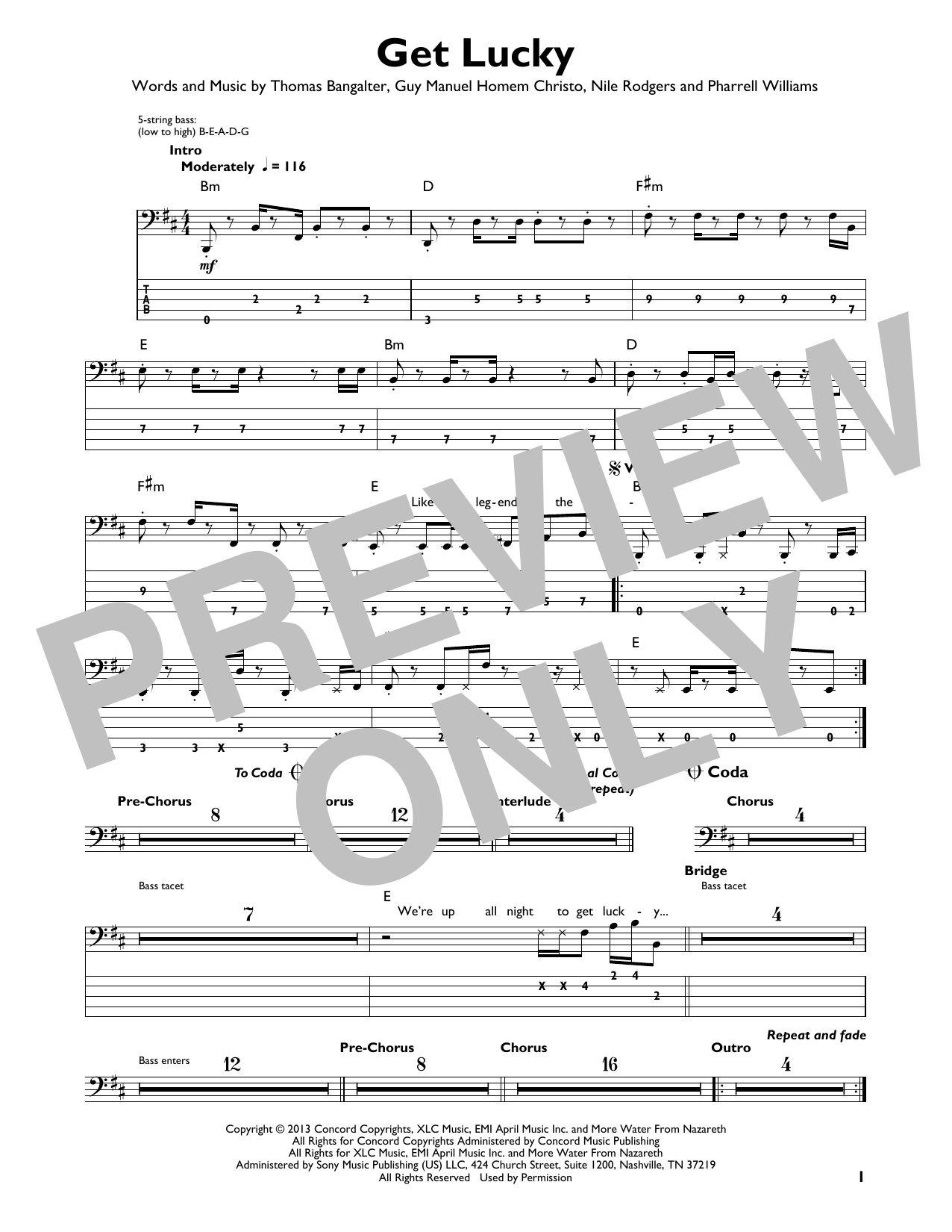 Daft Punk Get Lucky (feat. Pharrell Williams and Nile Rodgers) Sheet Music Notes & Chords for Easy Bass Tab - Download or Print PDF