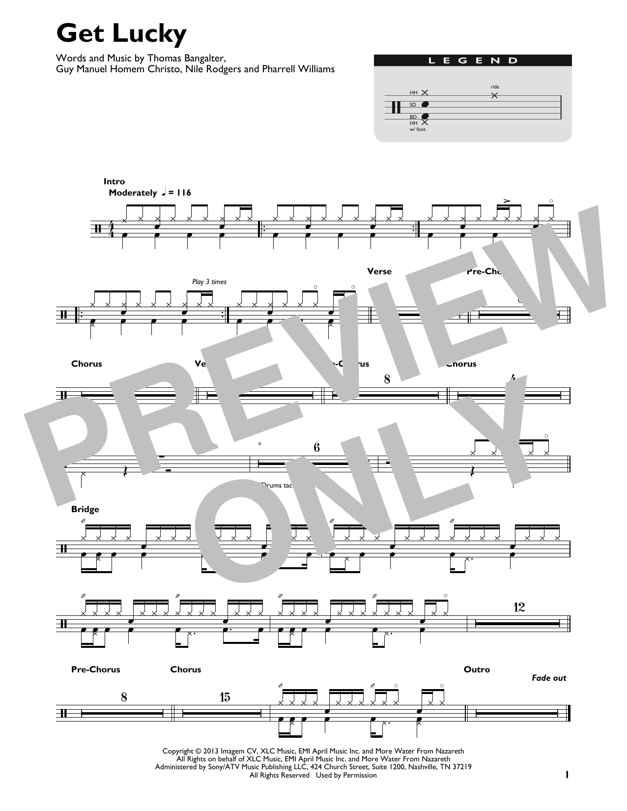 Daft Punk Get Lucky (feat. Pharrell Williams) Sheet Music Notes & Chords for Drums Transcription - Download or Print PDF