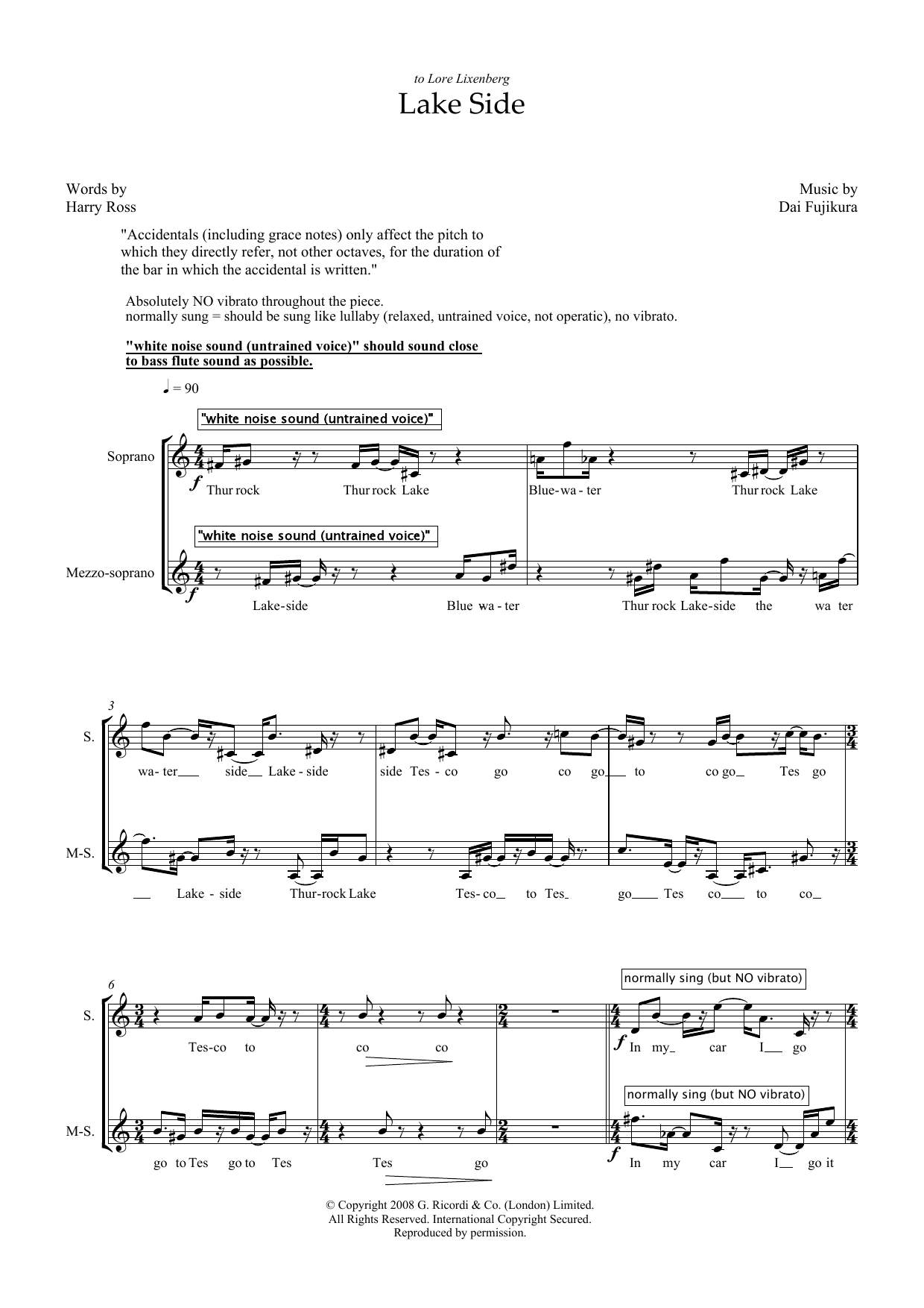 Dai Fujikura Lake Side (for mezzo-soprano) Sheet Music Notes & Chords for Piano & Vocal - Download or Print PDF