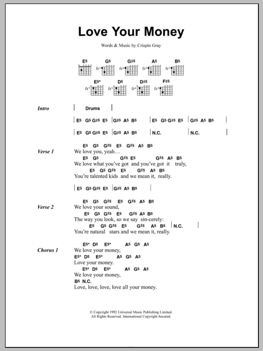 Daisy Chainsaw Love Your Money Sheet Music Notes & Chords for Lyrics & Chords - Download or Print PDF