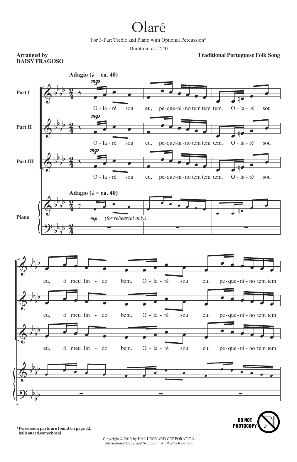 Daisy Fragoso Olare Sheet Music Notes & Chords for 3-Part Treble - Download or Print PDF