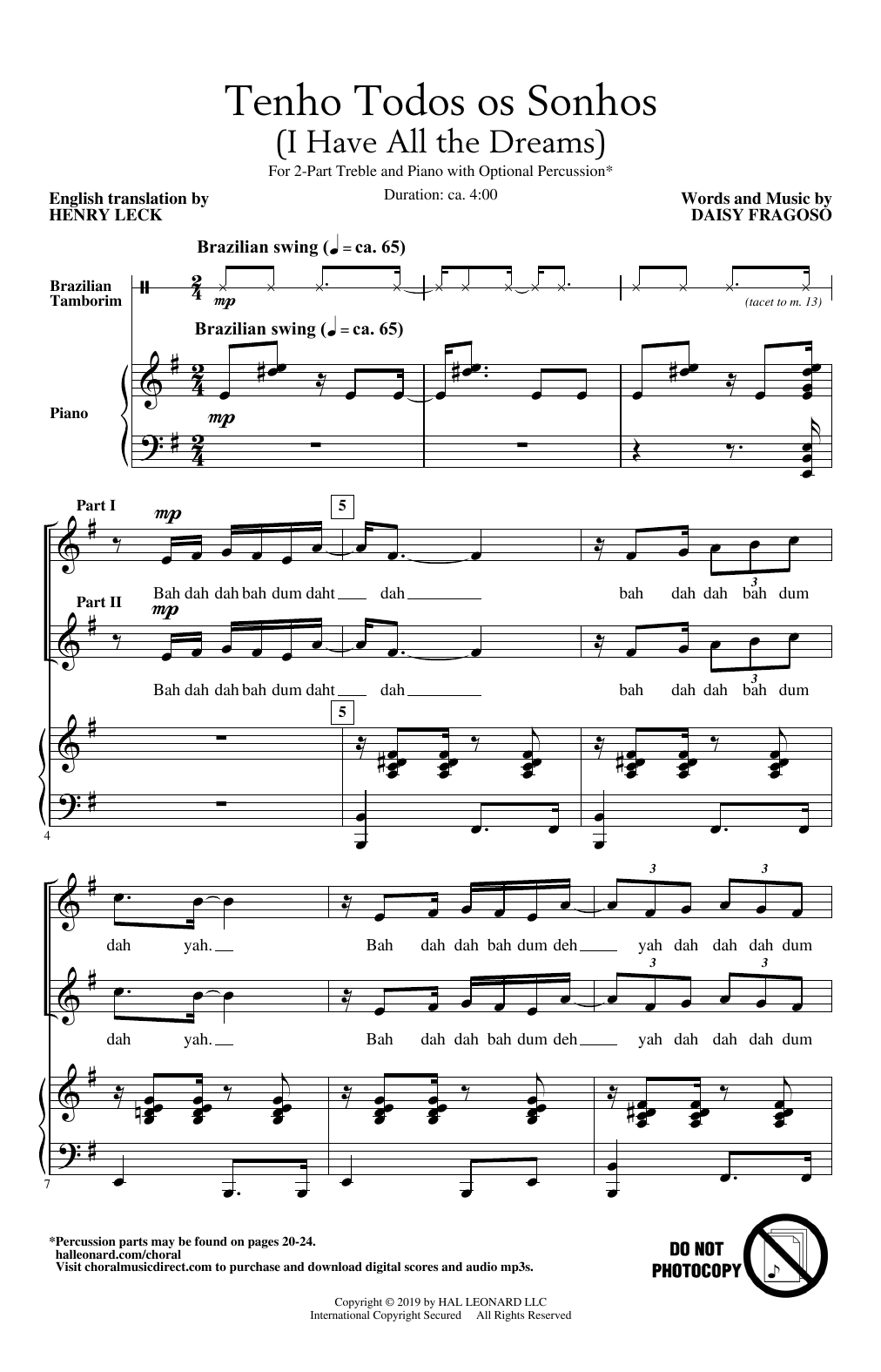 Daisy Fragoso Tenho Todos Os Sonhos (I Have All the Dreams) Sheet Music Notes & Chords for 2-Part Choir - Download or Print PDF