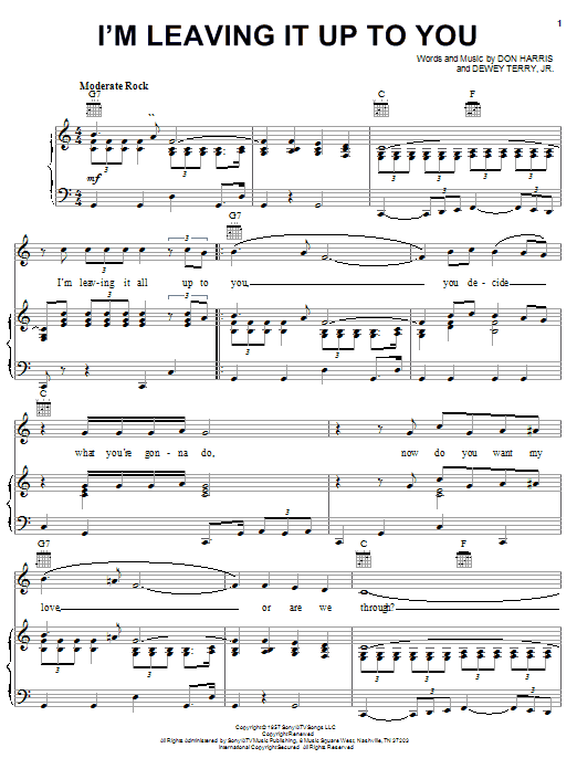 Dale & Grace I'm Leaving It Up To You Sheet Music Notes & Chords for Piano, Vocal & Guitar (Right-Hand Melody) - Download or Print PDF