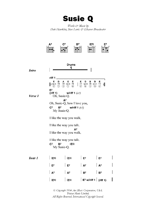 Dale Hawkins Susie Q Sheet Music Notes & Chords for Lyrics & Chords - Download or Print PDF