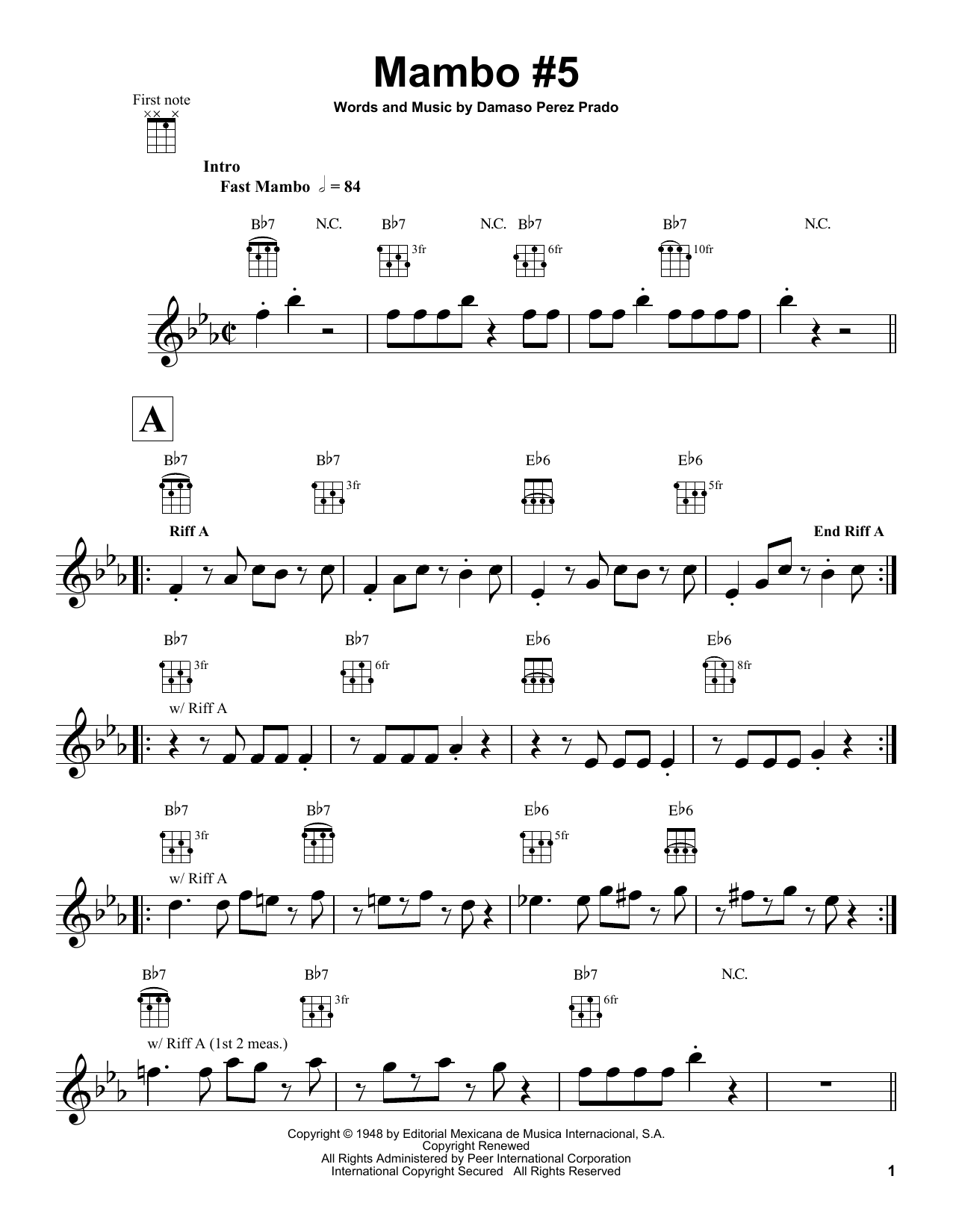 Damaso Perez Prado Mambo #5 Sheet Music Notes & Chords for Melody Line, Lyrics & Chords - Download or Print PDF