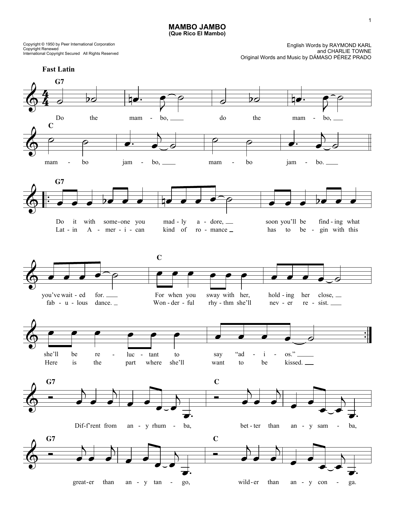 Damaso Perez Prado Mambo Jambo (Que Rico El Mambo) Sheet Music Notes & Chords for Melody Line, Lyrics & Chords - Download or Print PDF