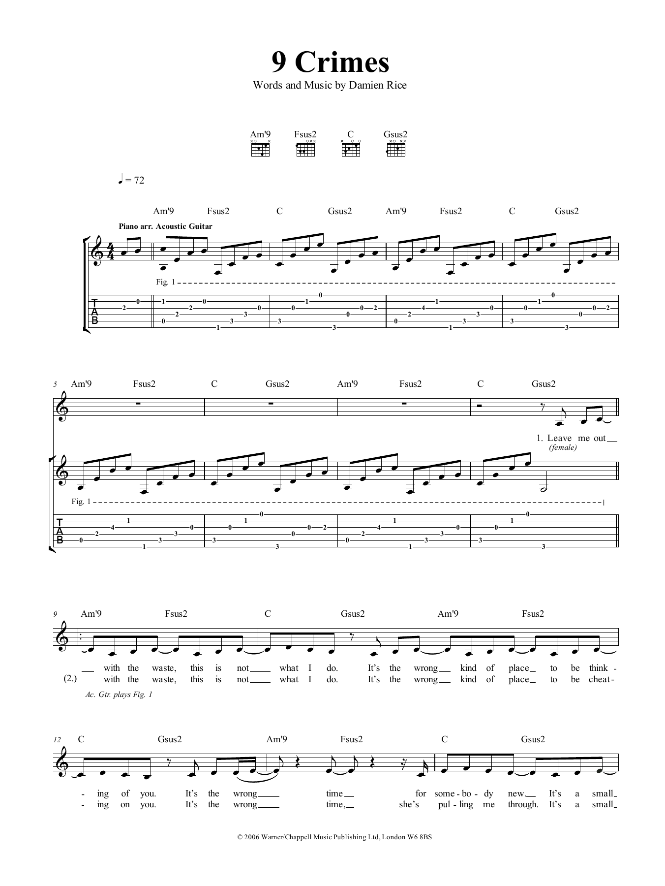 Damien Rice 9 Crimes Sheet Music Notes & Chords for Guitar Tab - Download or Print PDF