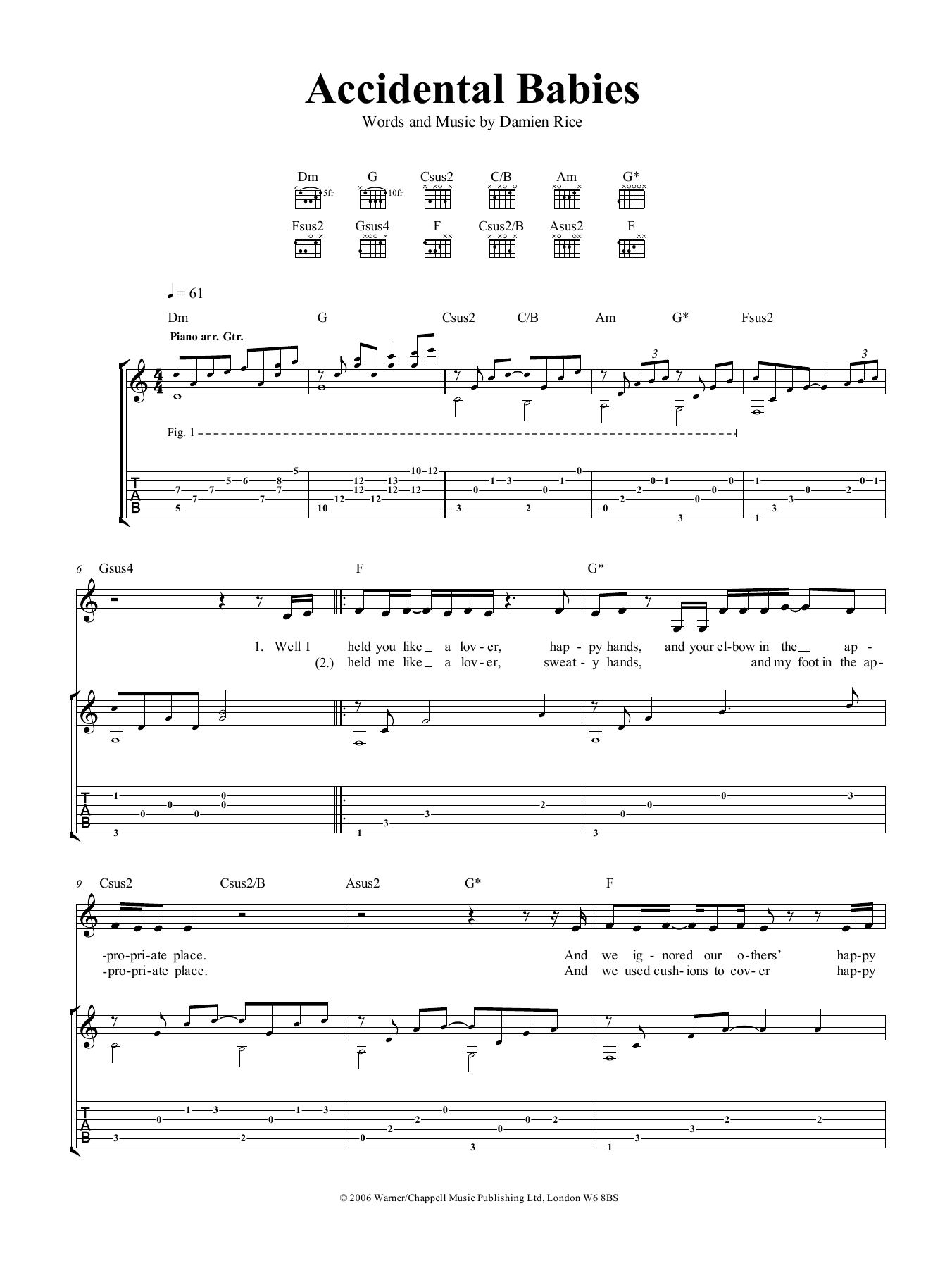 Damien Rice Accidental Babies Sheet Music Notes & Chords for Guitar Tab - Download or Print PDF
