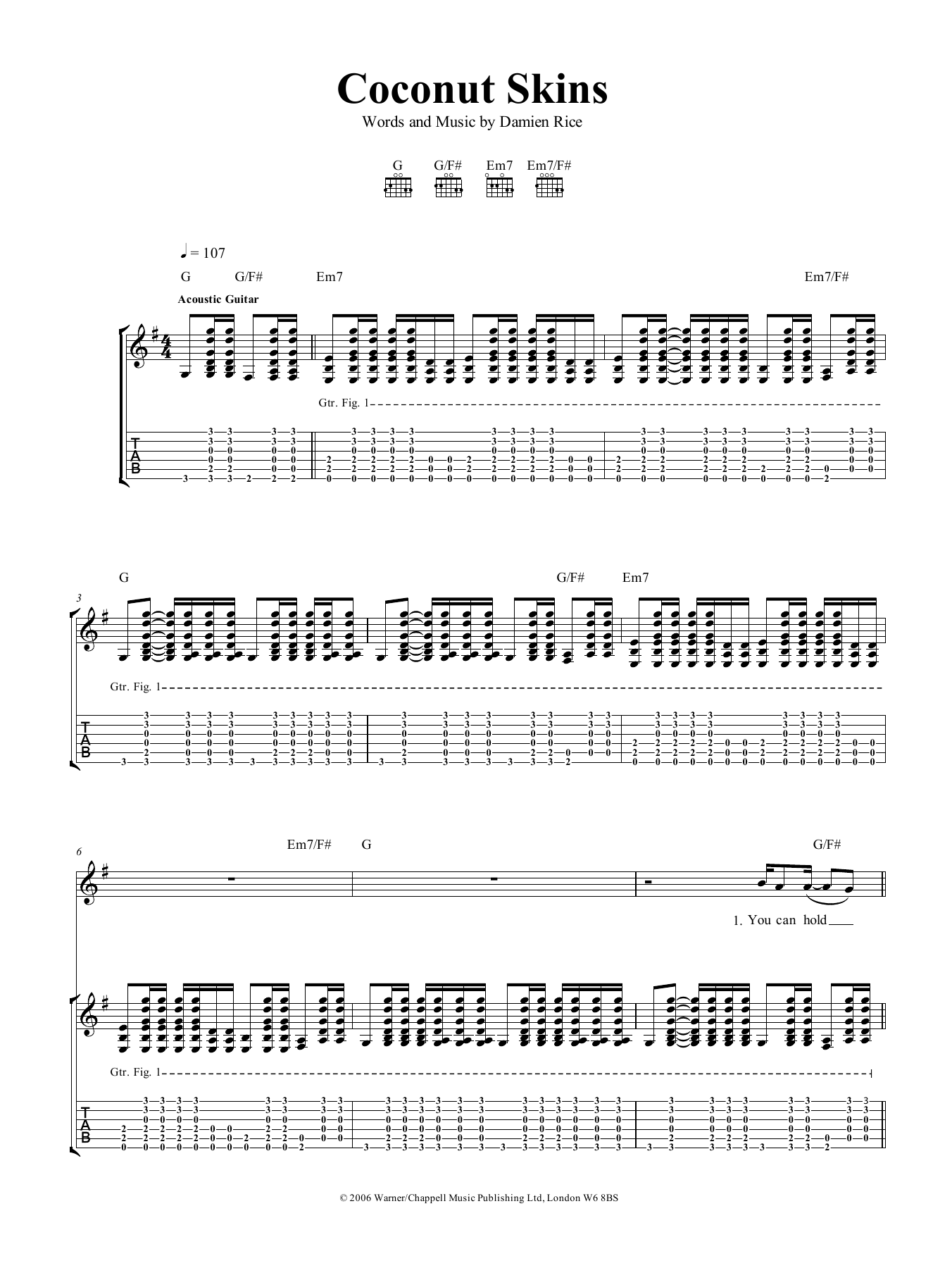 Damien Rice Coconut Skins Sheet Music Notes & Chords for Guitar Tab - Download or Print PDF