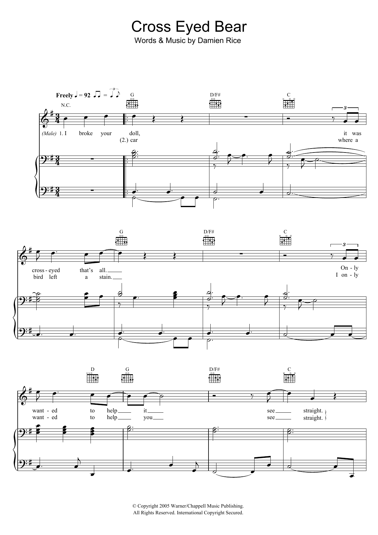 Damien Rice Cross-Eyed Bear Sheet Music Notes & Chords for Piano, Vocal & Guitar (Right-Hand Melody) - Download or Print PDF