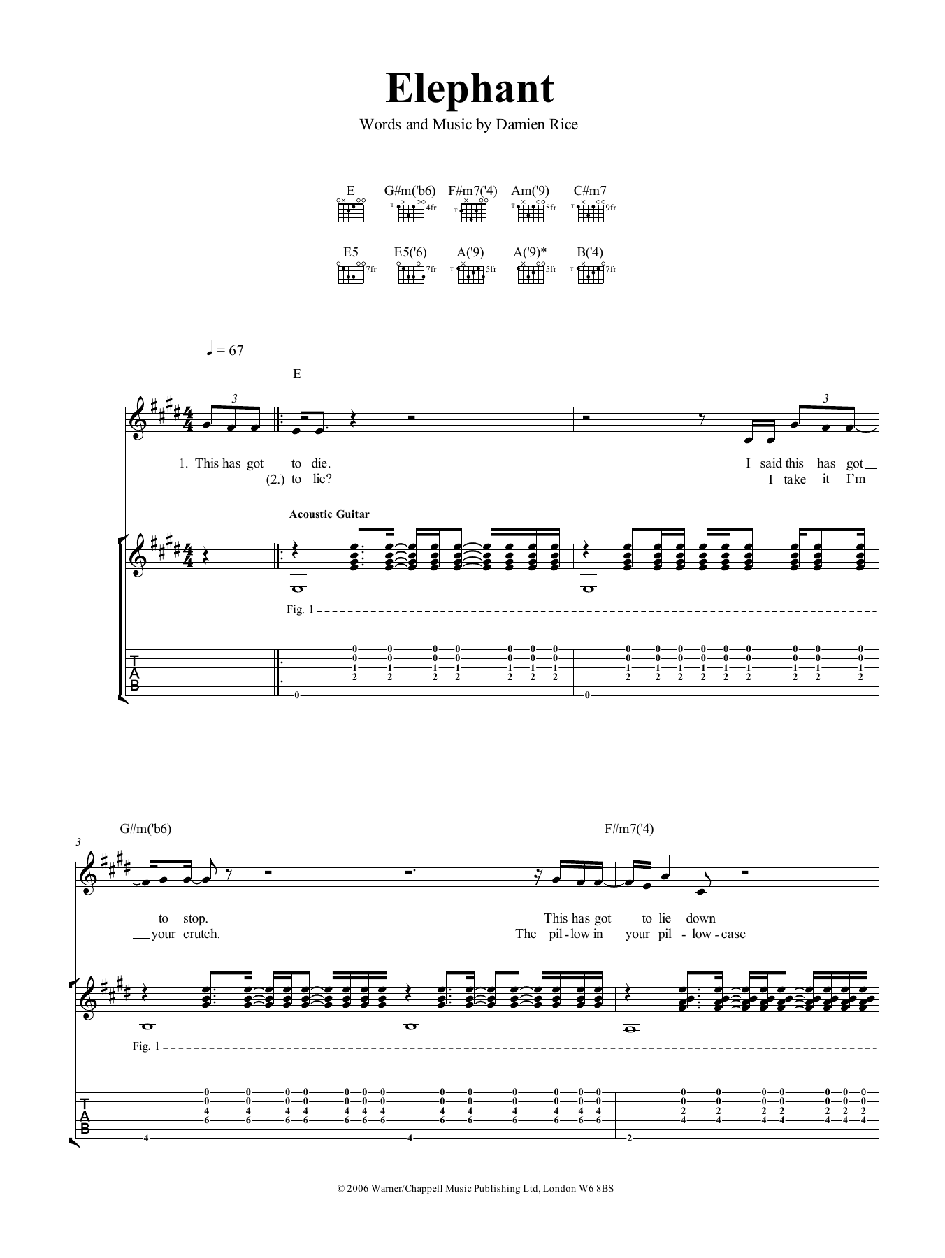 Damien Rice Elephant Sheet Music Notes & Chords for Guitar Tab - Download or Print PDF