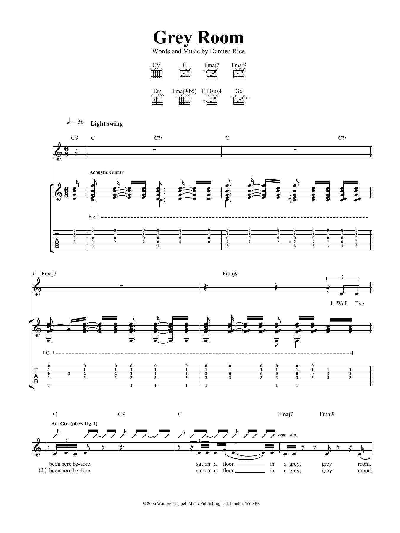 Damien Rice Grey Room Sheet Music Notes & Chords for Guitar Tab - Download or Print PDF