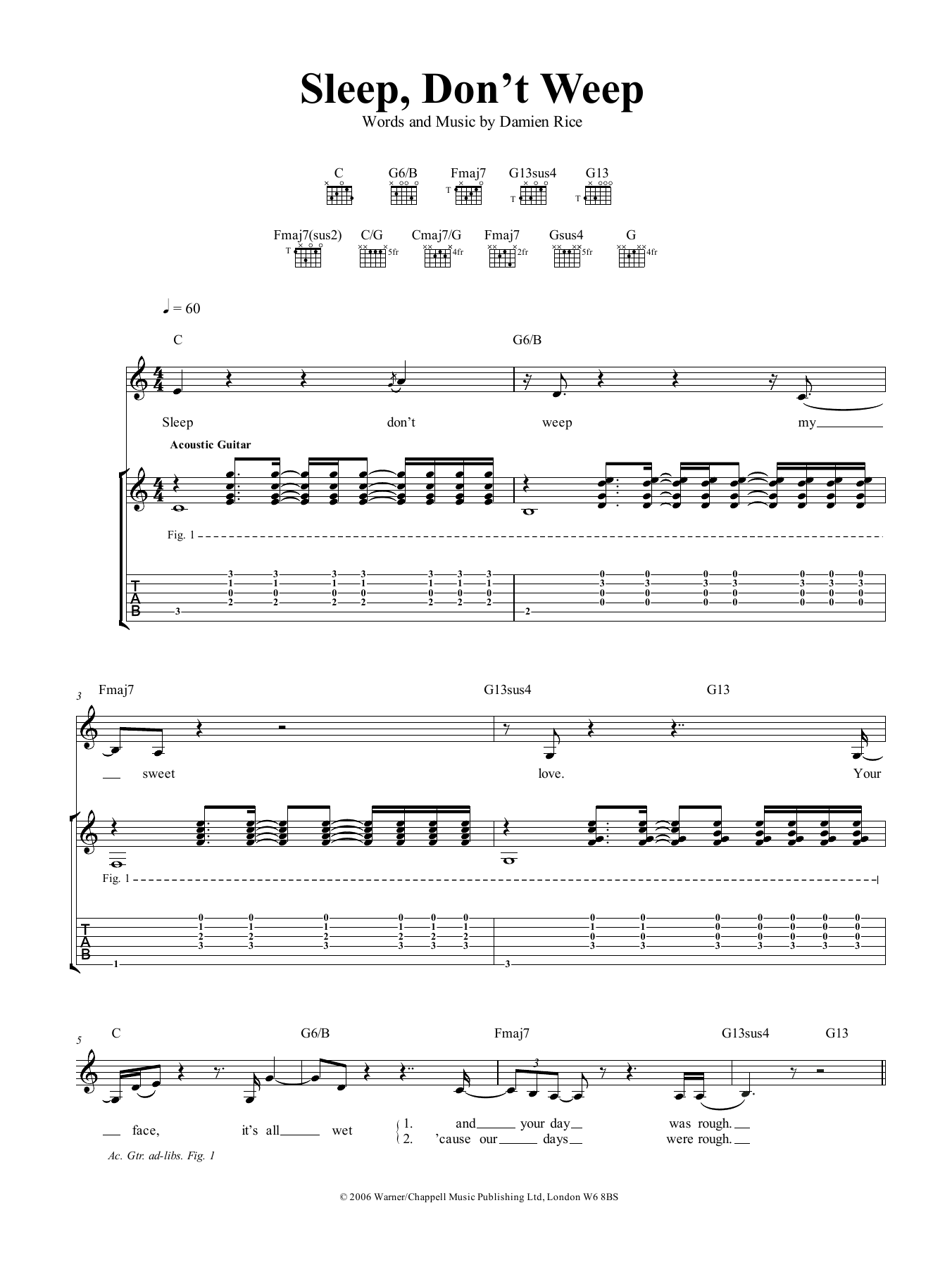 Damien Rice Sleep, Don't Weep Sheet Music Notes & Chords for Guitar Tab - Download or Print PDF