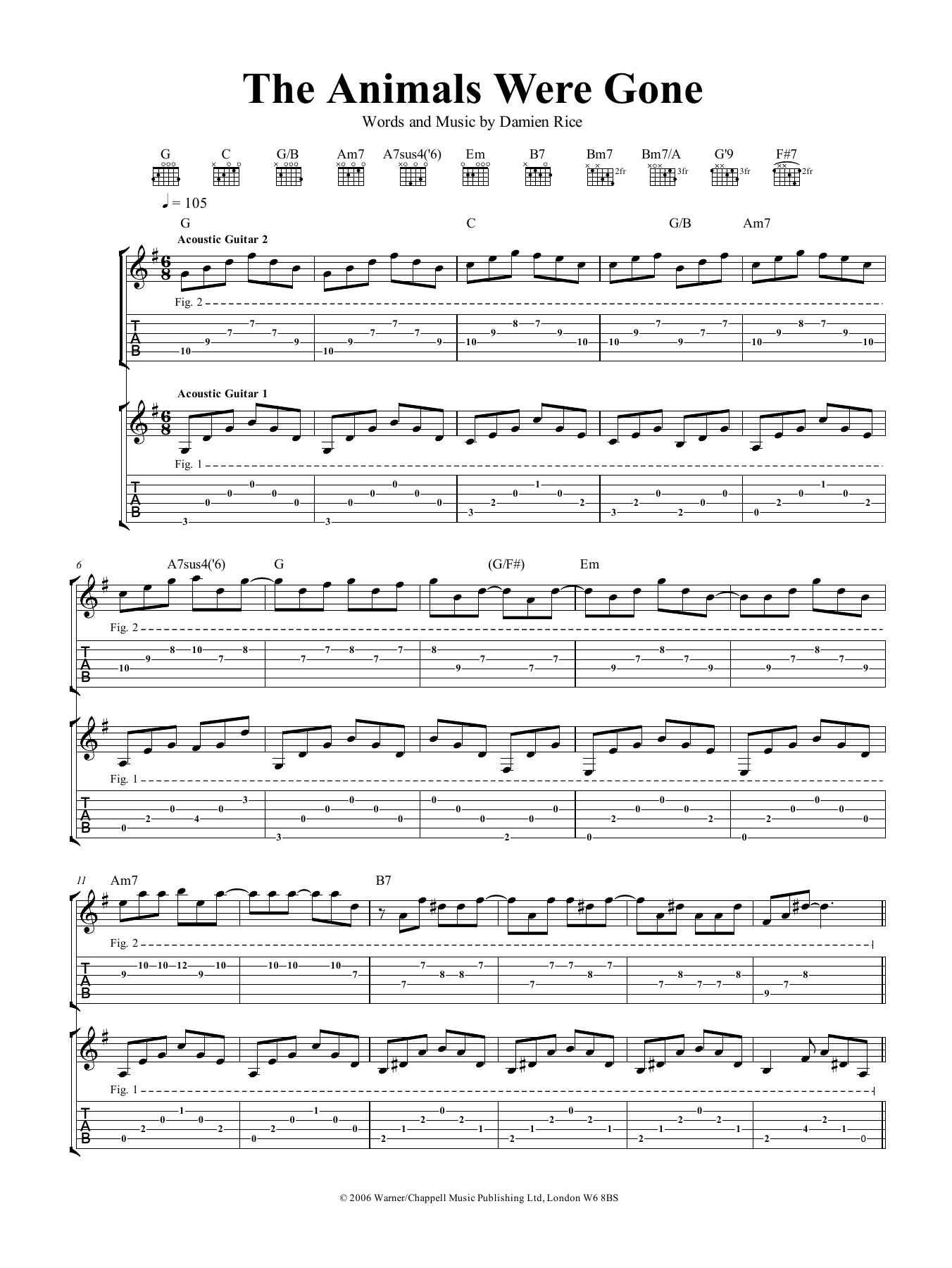 Damien Rice The Animals Were Gone Sheet Music Notes & Chords for Guitar Tab - Download or Print PDF