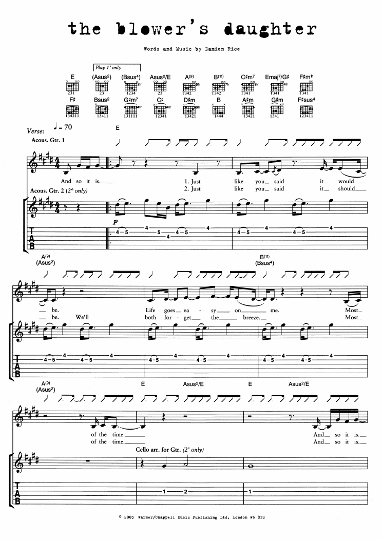 Preview Damien Rice The Blower's Daughter Folk sheet music, notes and chords for Guitar Tab, SKU: 47343 The Blower's Daughter sheet music