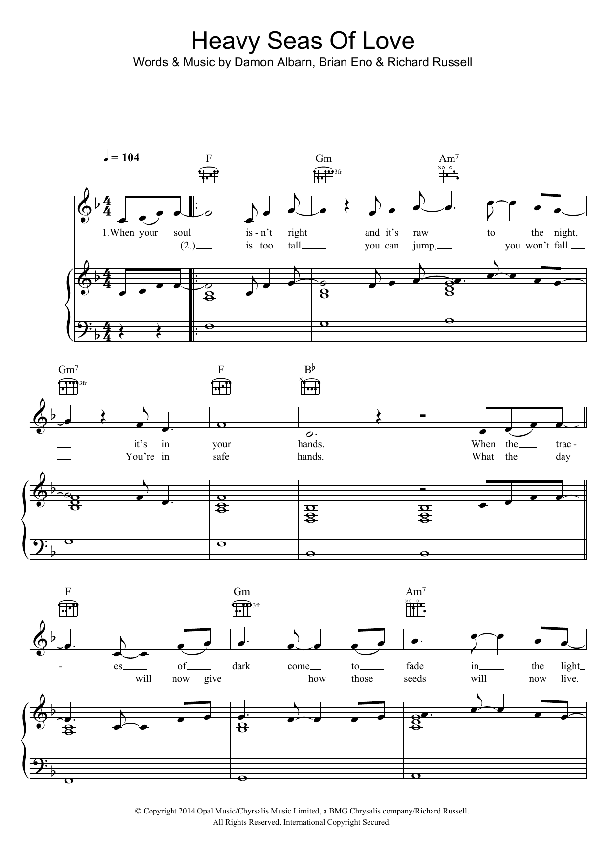 Damon Albarn Heavy Seas Of Love Sheet Music Notes & Chords for Piano, Vocal & Guitar (Right-Hand Melody) - Download or Print PDF