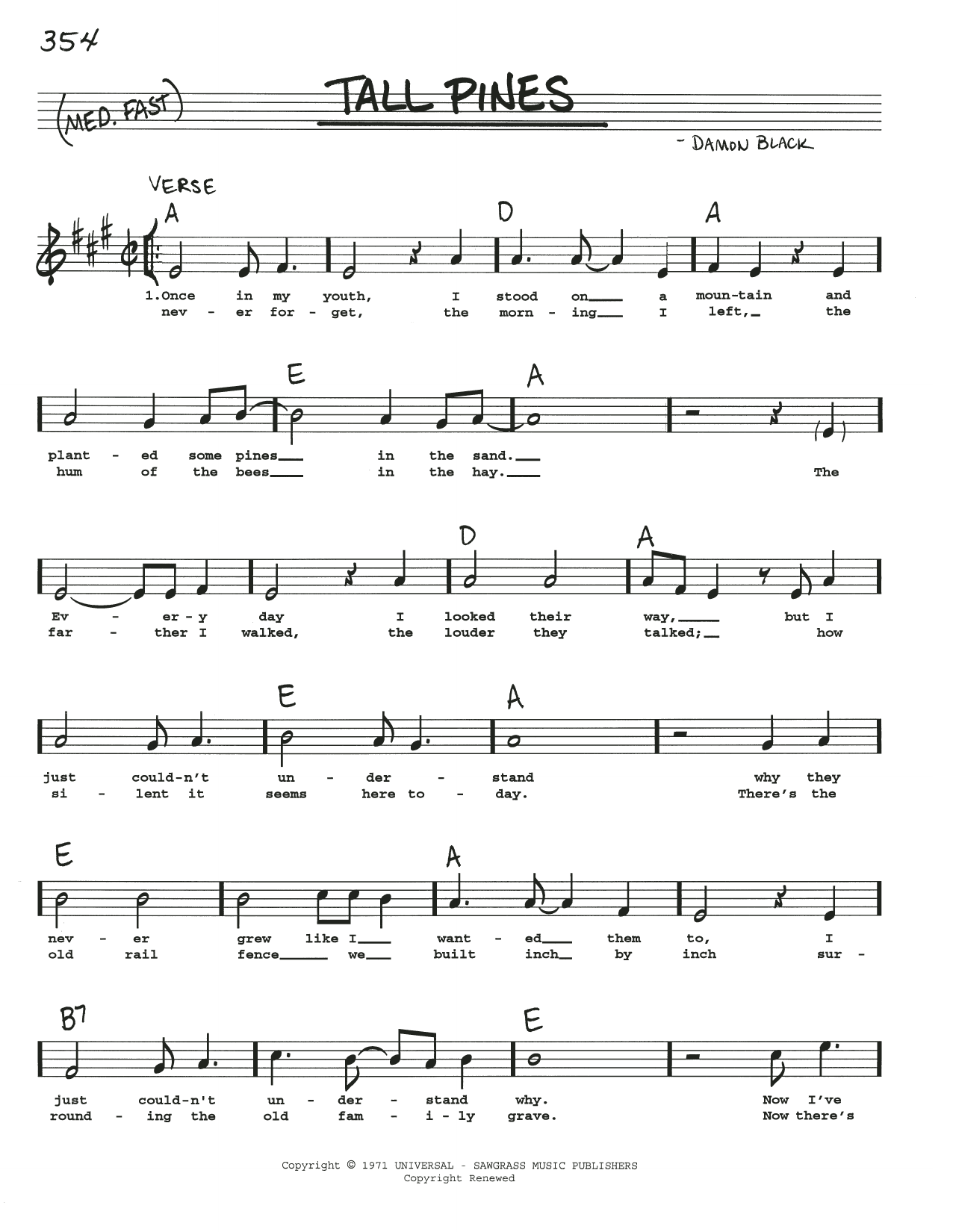 Damon Black Tall Pines Sheet Music Notes & Chords for Real Book – Melody, Lyrics & Chords - Download or Print PDF