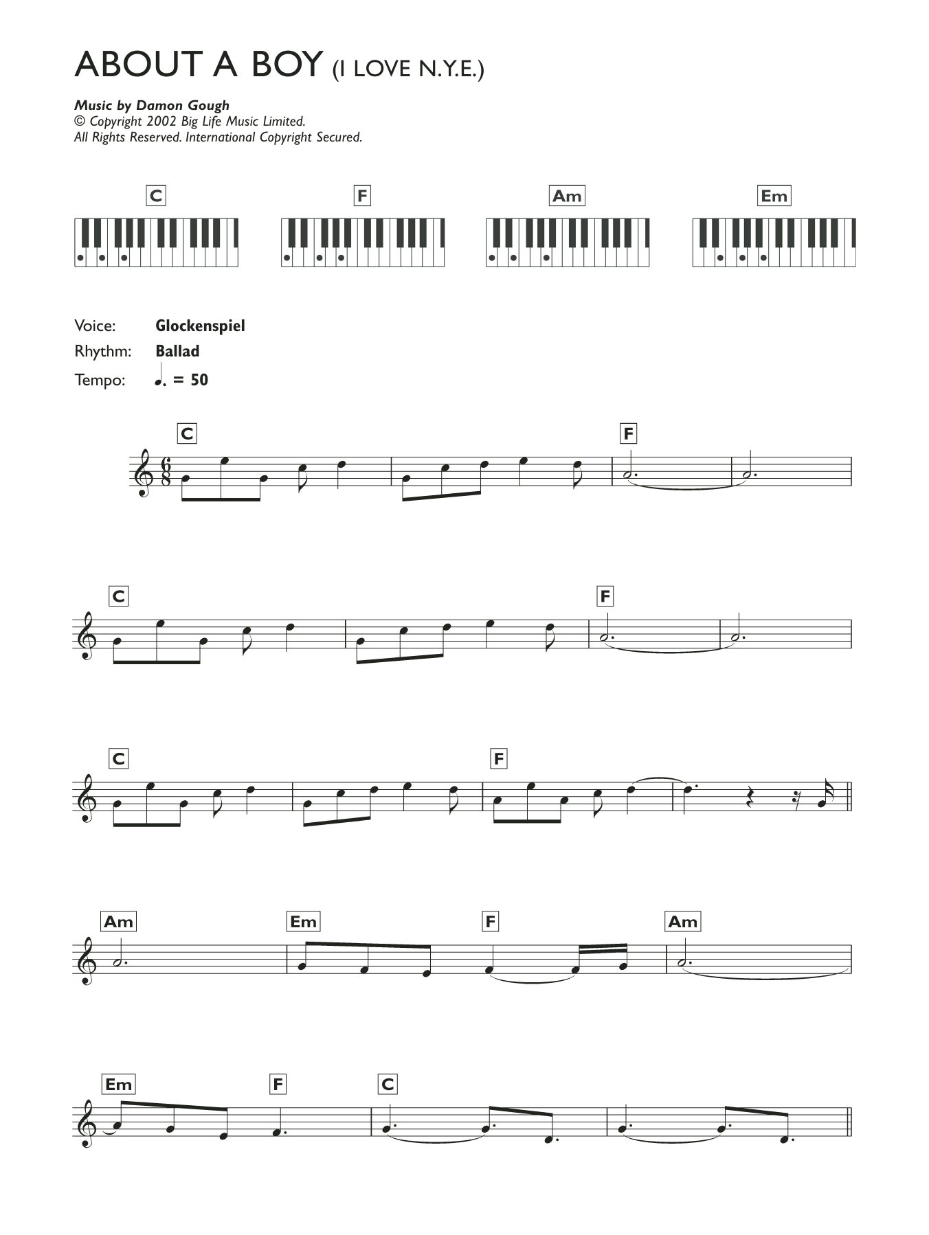 Damon Gough I Love N.Y.E. (from About A Boy) Sheet Music Notes & Chords for Melody Line & Chords - Download or Print PDF