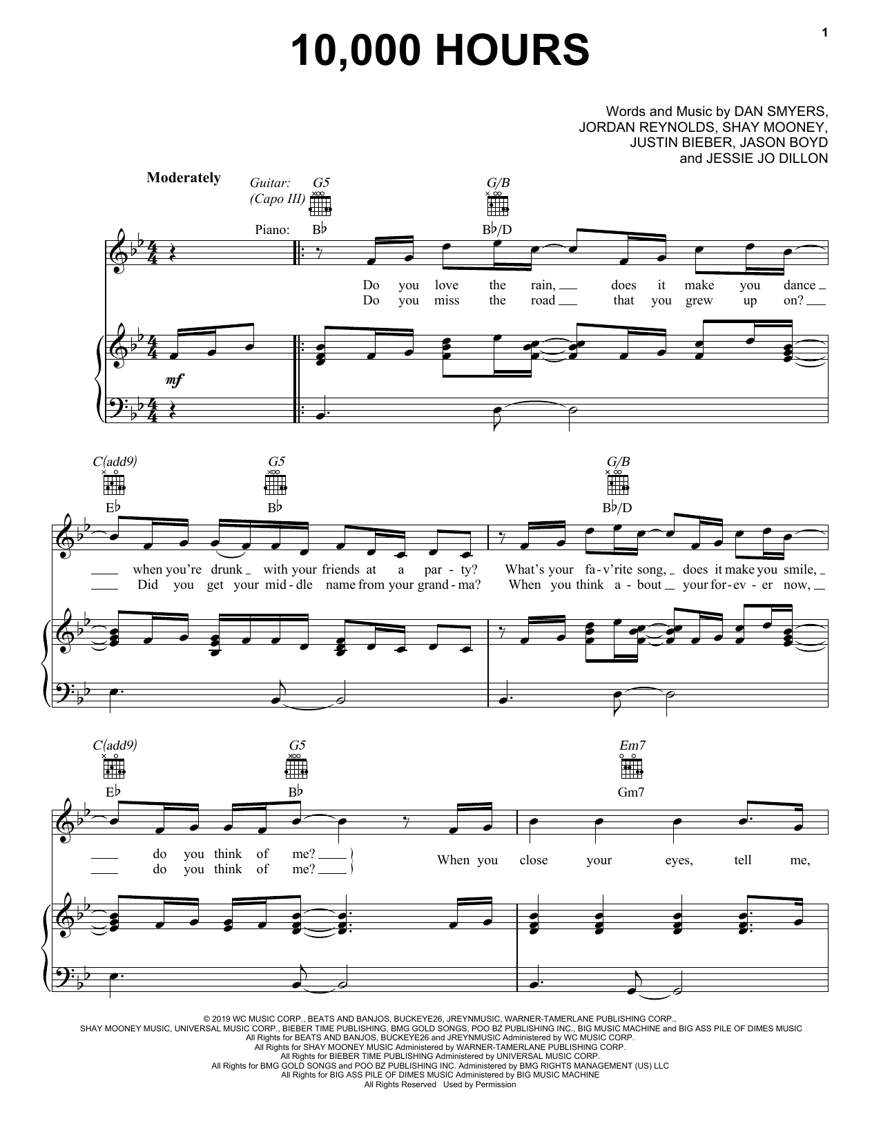 Dan + Shay & Justin Bieber 10,000 Hours Sheet Music Notes & Chords for Piano, Vocal & Guitar (Right-Hand Melody) - Download or Print PDF