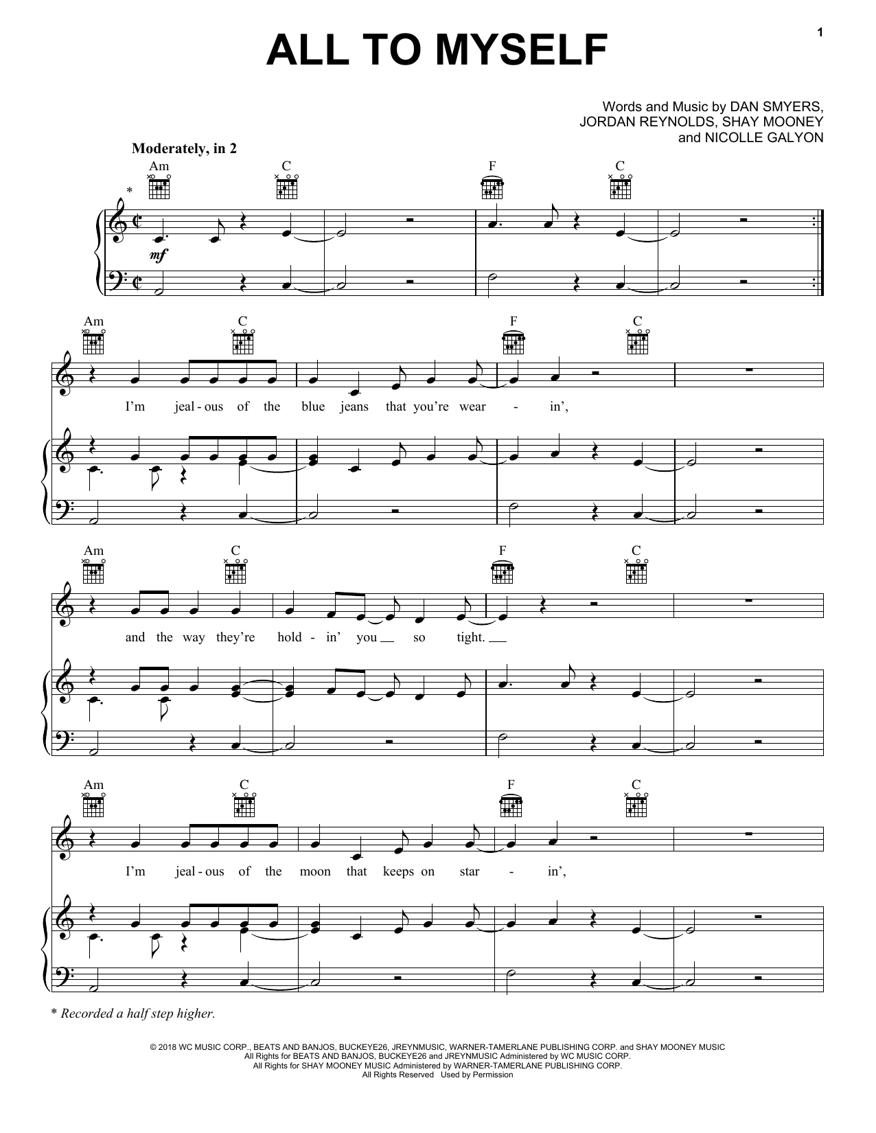 Dan + Shay All To Myself Sheet Music Notes & Chords for Piano, Vocal & Guitar (Right-Hand Melody) - Download or Print PDF