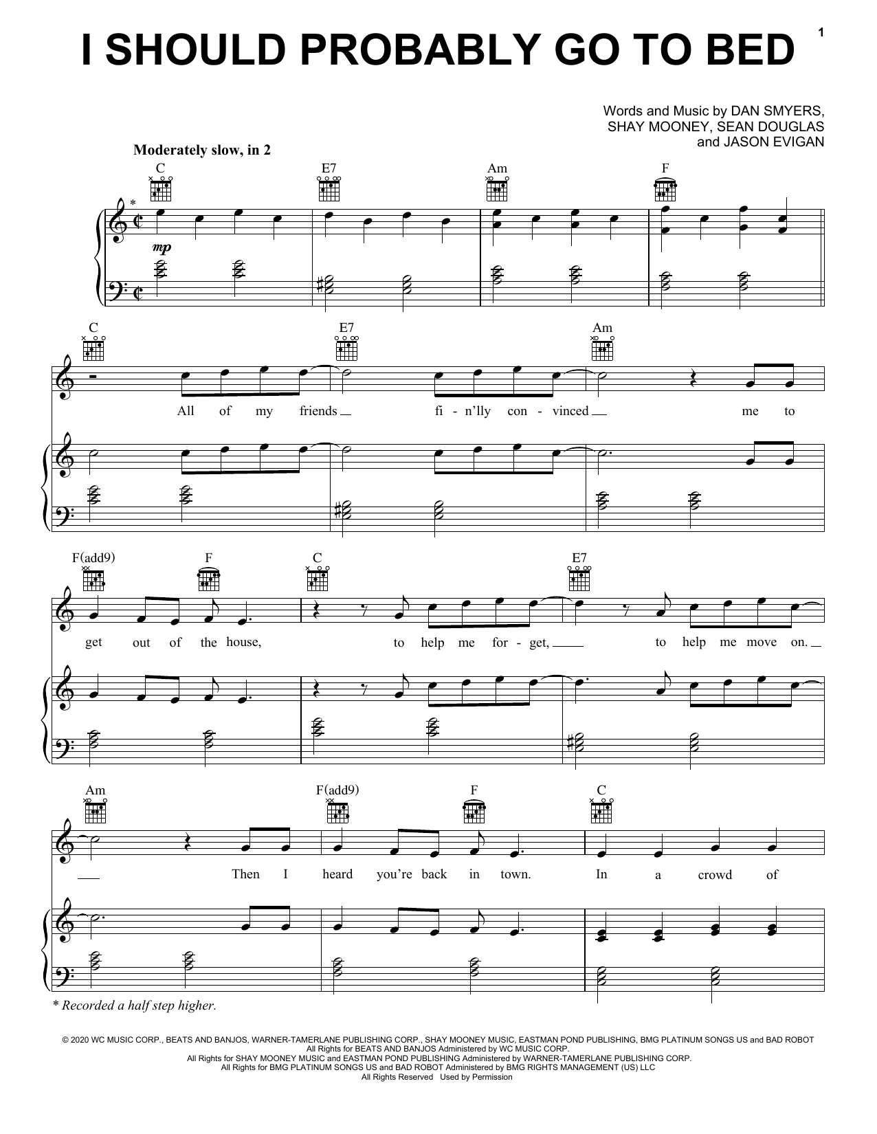 Dan + Shay I Should Probably Go To Bed Sheet Music Notes & Chords for Piano, Vocal & Guitar (Right-Hand Melody) - Download or Print PDF