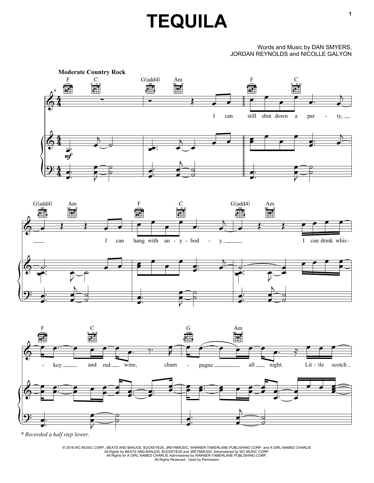 Dan + Shay Tequila Sheet Music Notes & Chords for Piano, Vocal & Guitar (Right-Hand Melody) - Download or Print PDF