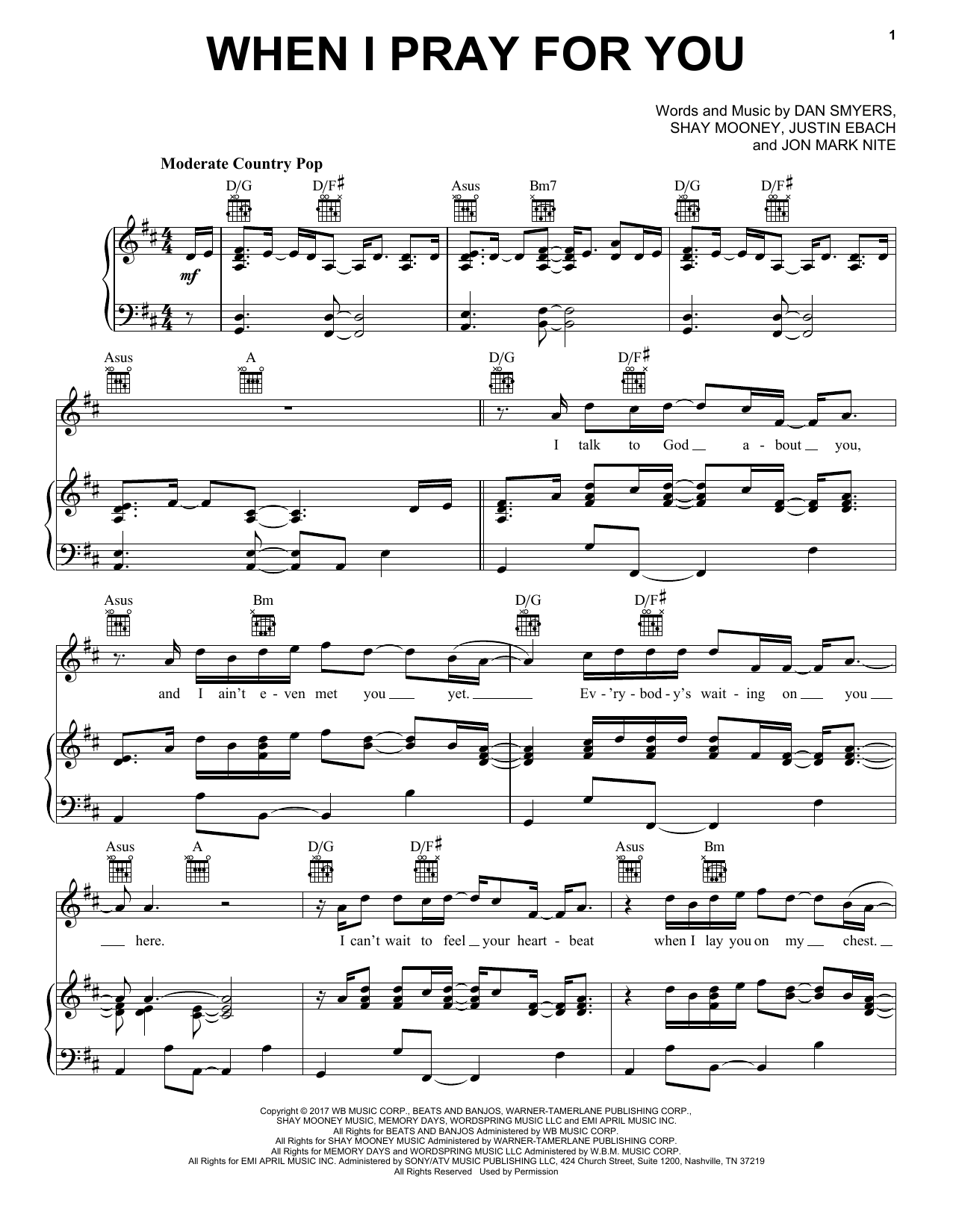 Dan + Shay When I Pray For You Sheet Music Notes & Chords for Piano, Vocal & Guitar (Right-Hand Melody) - Download or Print PDF