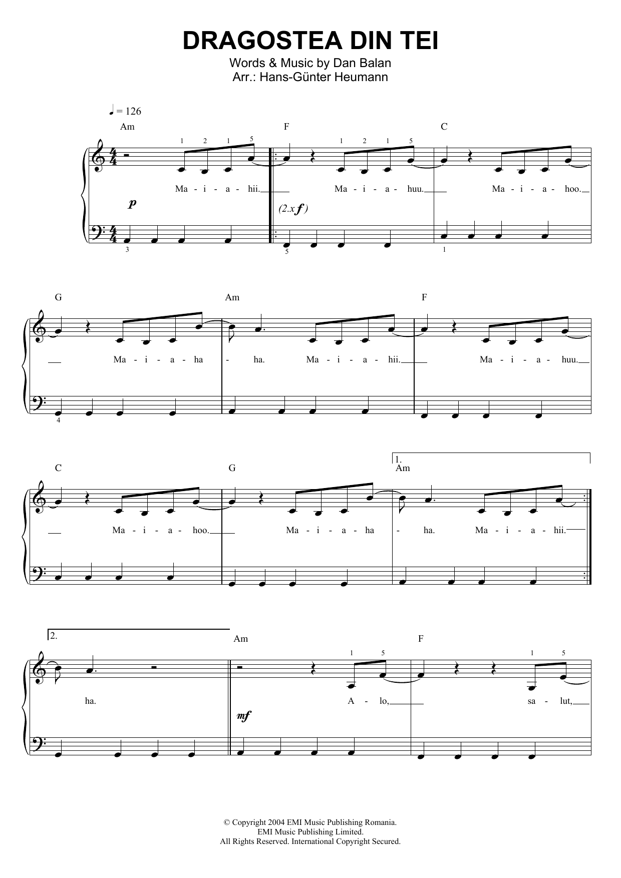 Dan Balan Dragostea Din Tei Sheet Music Notes & Chords for Piano & Vocal - Download or Print PDF