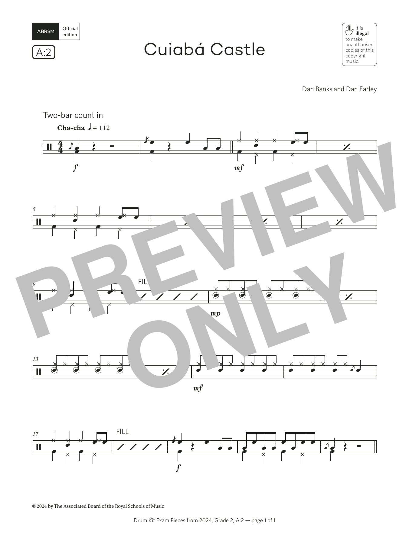 Dan Banks and Dan Earley Cuiabá Castle (Grade 2, list A2, from the ABRSM Drum Kit Syllabus 2024) Sheet Music Notes & Chords for Drums - Download or Print PDF