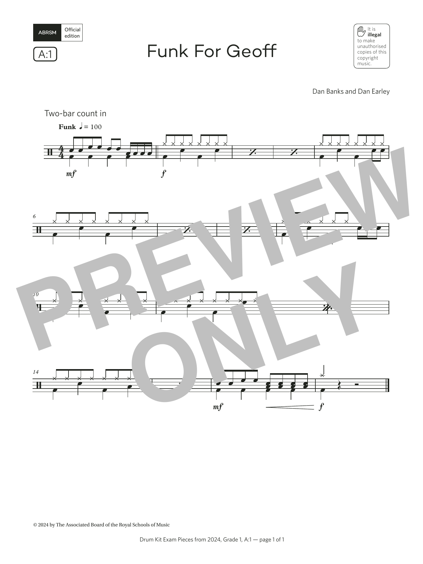 Dan Banks and Dan Earley Funk for Geoff (Grade 1, list A1, from the ABRSM Drum Kit Syllabus 2024) Sheet Music Notes & Chords for Drums - Download or Print PDF