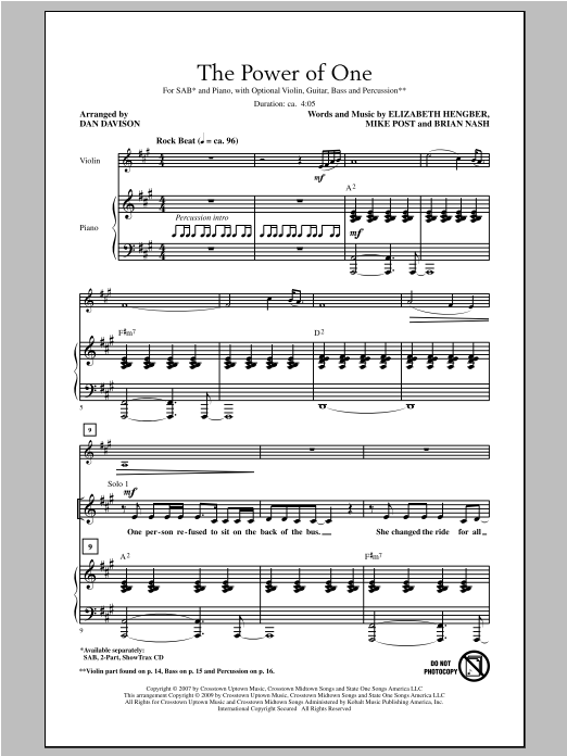 Dan Davison The Power Of One Sheet Music Notes & Chords for SAB - Download or Print PDF
