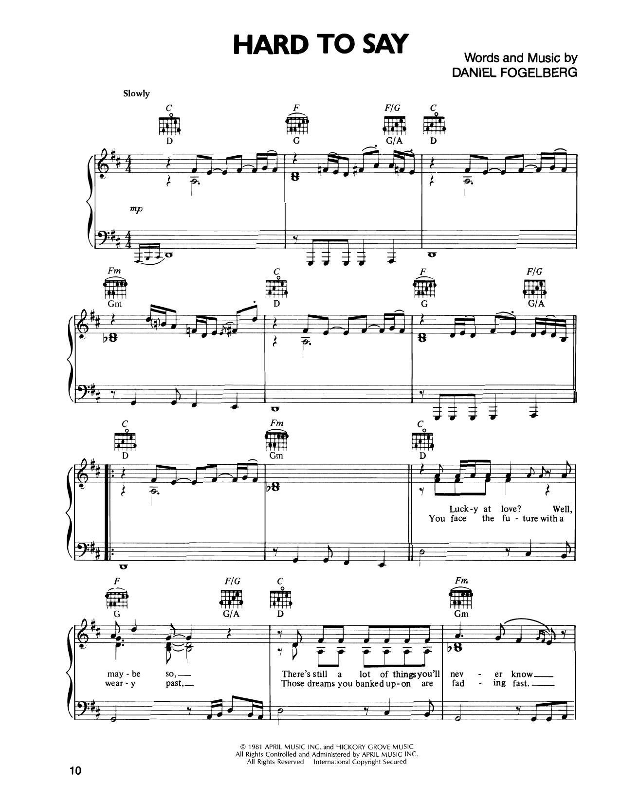 Dan Fogelberg Hard To Say Sheet Music Notes & Chords for Piano, Vocal & Guitar Chords (Right-Hand Melody) - Download or Print PDF