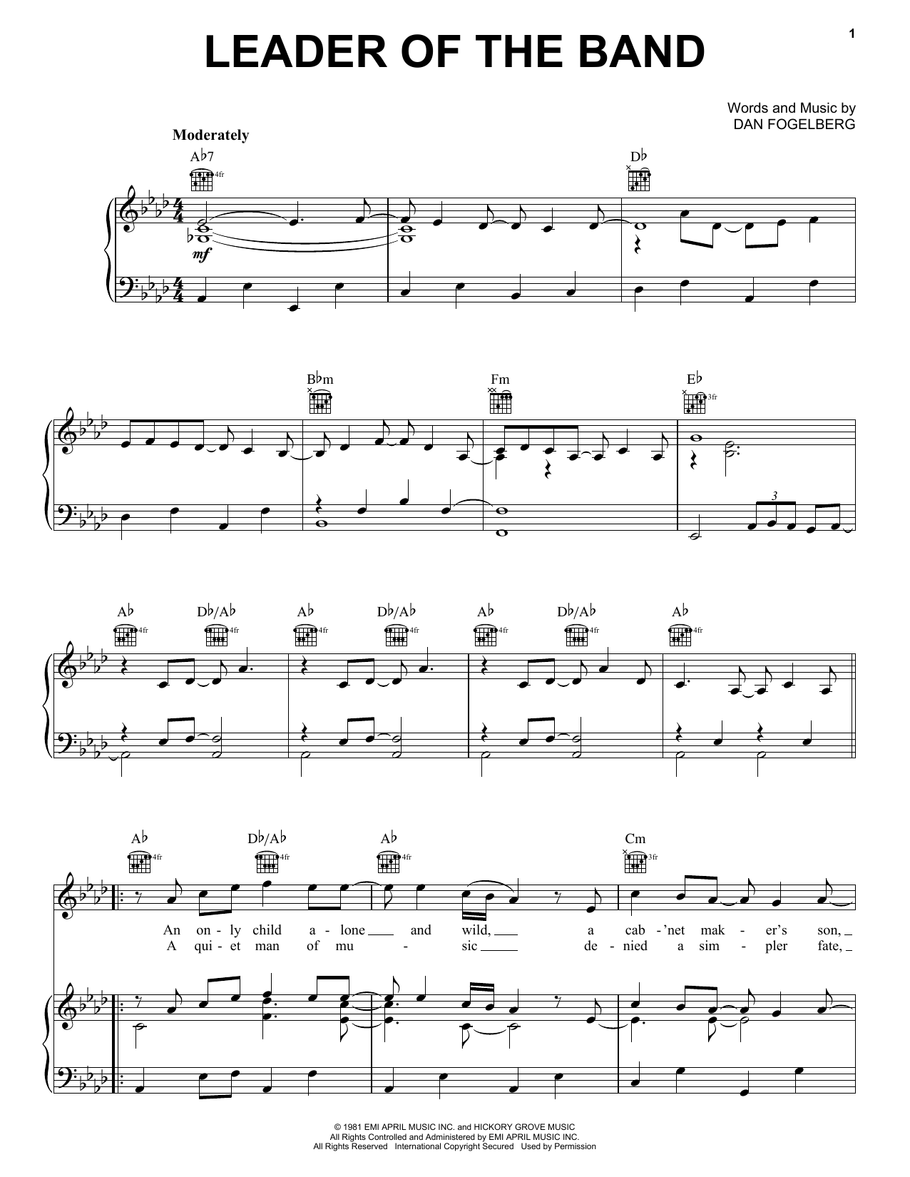 Dan Fogelberg Leader Of The Band Sheet Music Notes & Chords for Lyrics & Piano Chords - Download or Print PDF